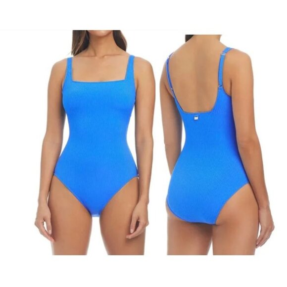 Bleu Rob Beattie Blue Ribbed Walk The Line Square Neck One-Piece Swimsuit Sz 6 - Picture 1 of 12